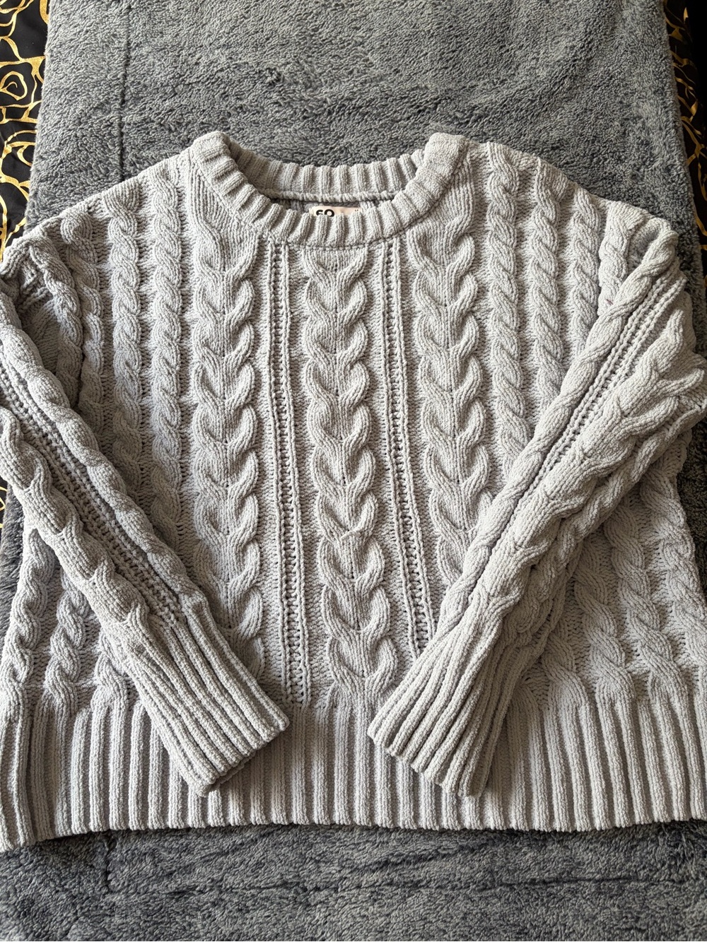 SO Light Gray Cable Knit Crewneck Sweater